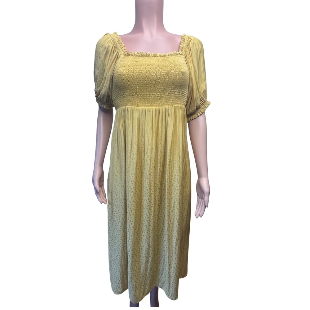 Hatch Floral Jacquard Smocked Midi Dress Yellow Puff Sleeve Cottagecore Size 2